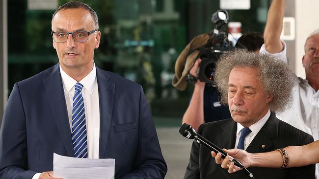 John Osborne, who became Dreamworld’s CEO after the Thunder River Rapids Ride tragedy, with the new chairman of Ardent Leisure, Dr Gary Weiss, at the inquest. Picture: Lyndon Mechielsen