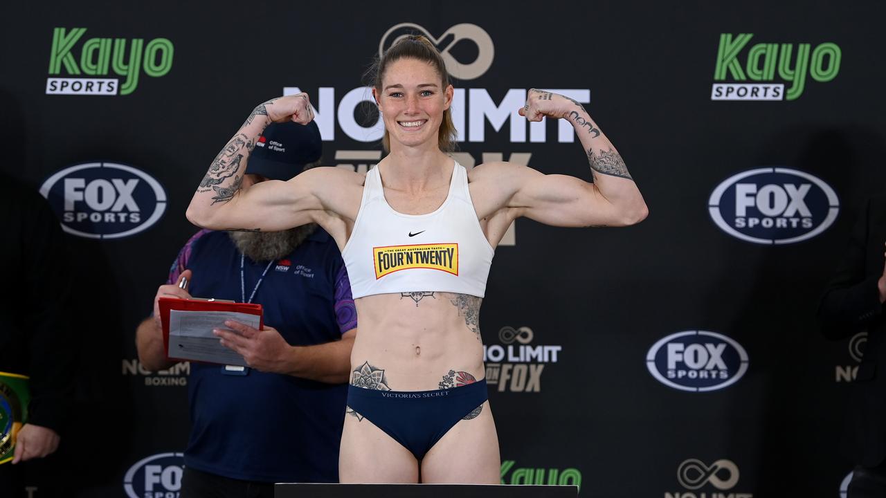 Tayla Harris weighs in for her fight against Millicent Agboegbulen. Picture: No Limit/Gregg Porteous