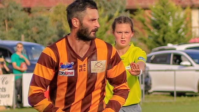 Marcus Stapleton in action for Woodend-Hesket. Picture: Aaron Cook