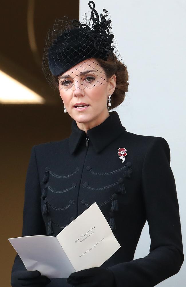 Catherine wore a military inspired coat and fascinator hat. Picture: Getty Images