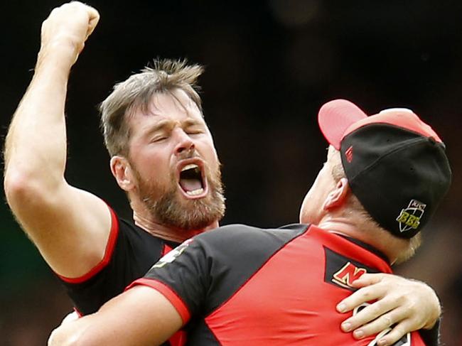 MELBOURNE, AUSTRALIA - FEBRUARY 17: Dan Christian and Cameron White of the Renegades celebrate after the final ball of the Big Bash League Final match between the Melbourne Renegades and the Melbourne Stars at Marvel Stadium on February 17, 2019 in Melbourne, Australia. (Photo by Darrian Traynor/Getty Images)