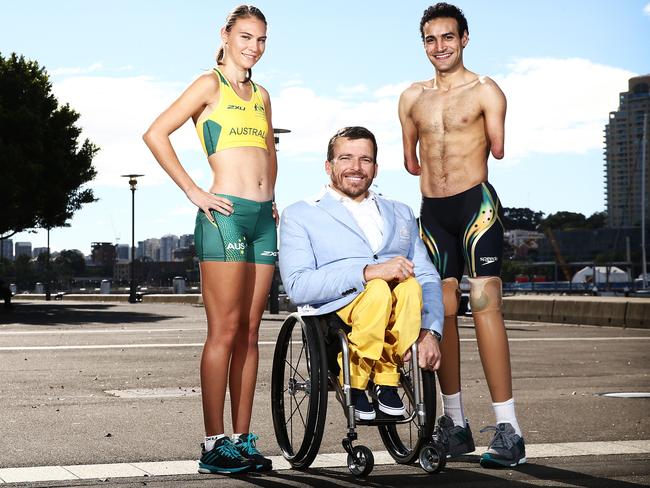 Pictured in Pyrmont, Sydney today is Torita Isaac, Kurt Fearnley and Ahmed Kelly for the Uniform Launch for the 2016 Australian Paralympic Team. Picture: Tim Hunter.