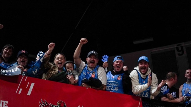 The small contingent of Melbourne United supporters who made the trek to Wollongong for game one on the weekend.