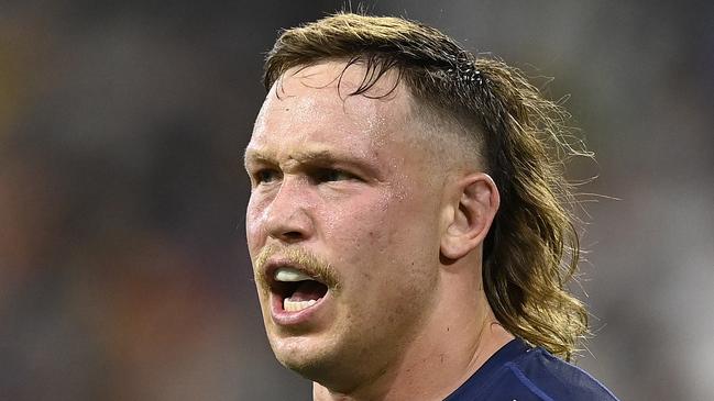 TOWNSVILLE, AUSTRALIA - SEPTEMBER 14:  Reuben Cotter of the Cowboys reacts during the NRL Qualifying Final match between North Queensland Cowboys and Newcastle Knights at Queensland Country Bank Stadium on September 14, 2024 in Townsville, Australia. (Photo by Ian Hitchcock/Getty Images)