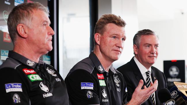 Magpies head coach Nathan Buckley speaks between General Manager Of Football (L) and President Eddie McGuire to the media during a Collingwood Magpies AFL press conference at the Holden Centre on August 28, 2017 in Melbourne, Australia. (Photo by Michael Dodge/Getty Images)