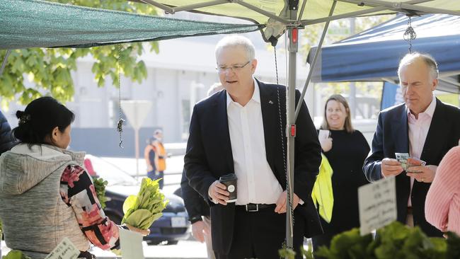 Prime Minister Scott Morrison visited Salamanca Market with Senator Eric Abetz in Hobart on his Tasmania trip. Picture: MATHEW FARRELL