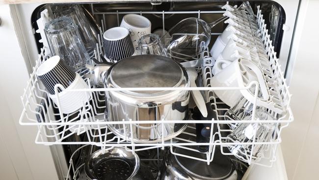 Dishwasher stacked with dishes.