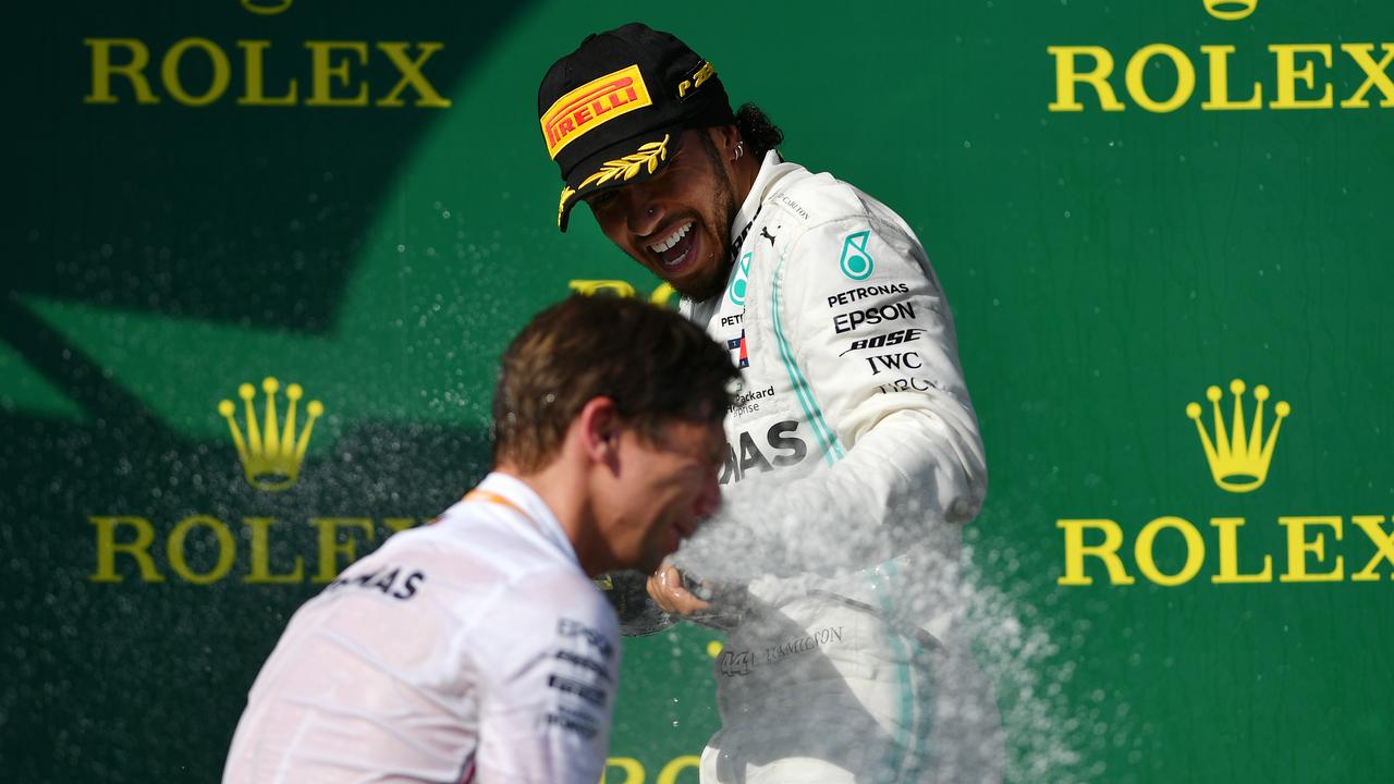 Mercedes chief strategist James Vowles cops it from Lewis Hamilton after dropping the bottle.