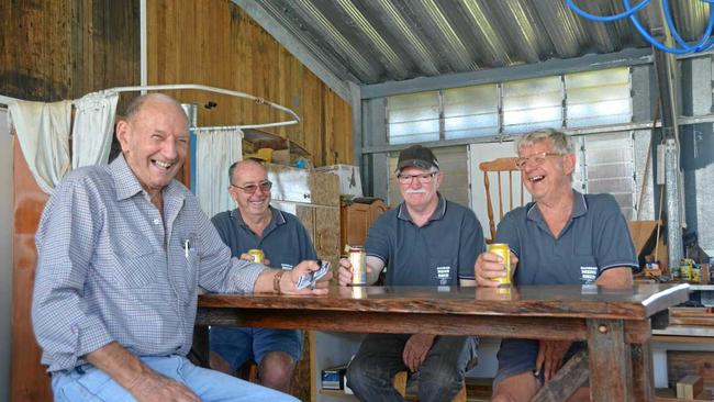 RUSTIC RAFFLE: Gayndah Men's Shed members with the bar table and stools they've been working on. Picture: Felicity Ripper