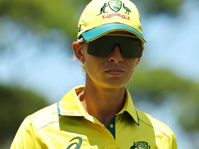 SYDNEY, AUSTRALIA - JANUARY 12: Ashleigh Gardner of Australia looks on during game one of the Women's Ashes ODI series between Australia and England at North Sydney Oval on January 12, 2025 in Sydney, Australia. (Photo by Jeremy Ng/Getty Images)