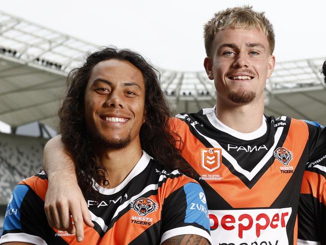 DAILY TELEGRAPH 8TH JANUARY 2025WARNING - EMBARGOED - TALK TO DAILY TELEGRAPH PICTURE DESK BEFORE USEPictured are Wests Tigers NRL players Jerome Luai , Lachie Galvin and Jahream Bula ahead of the 2025 NRL season.Picture: Richard Dobson