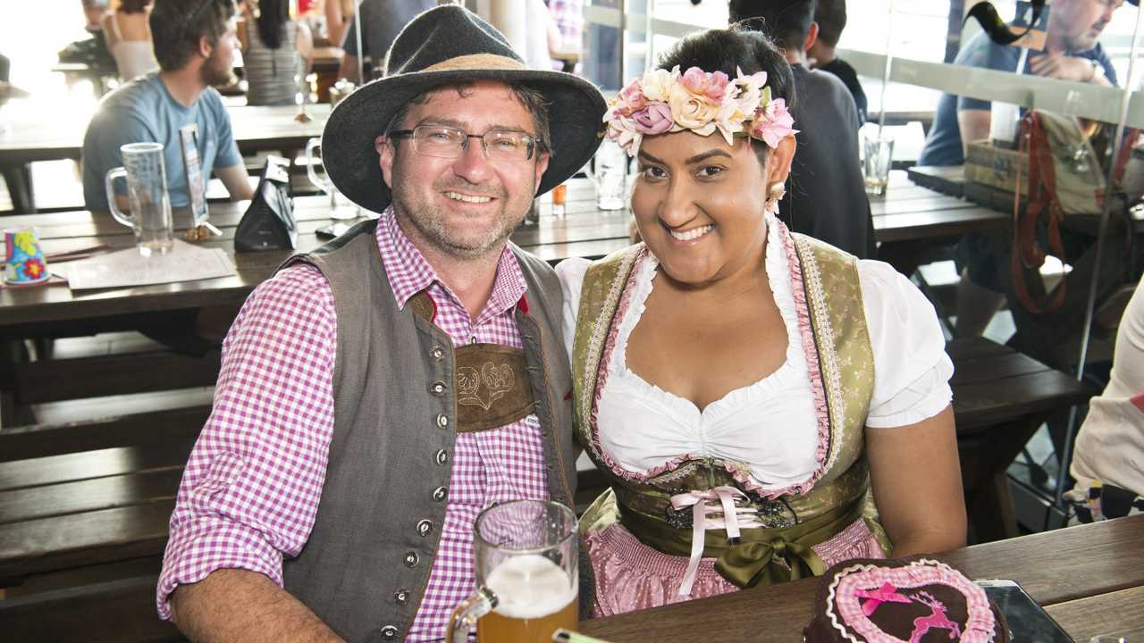 Dressed in traditional German attire for Oktoberfest at The Bavarian in Grand Central are Jerry and Jules O'Sullivan. Saturday, 5th Oct, 2019. Picture: Nev Madsen