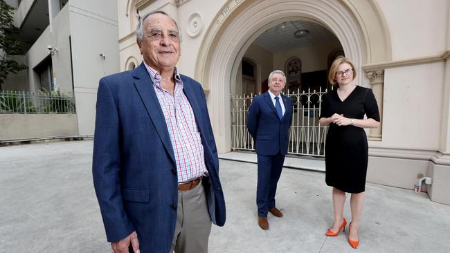 Holocaust survivor Peter Baruch, 83, of Mermaid Waters, with Queensland Jewish Board of Deputies’ president Paul Myers and Senator Amanda Stoker, following the announcement of $3.5 million in Commonwealth funding for a Holocaust Museum and Education Centre in Brisbane. Photo: Tara Croser.