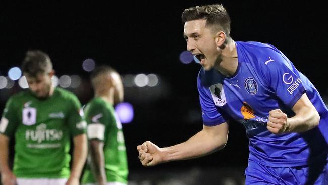 Liam Boland wheels off in celebration after scoring for Avondale FC. Picture: Getty Images.