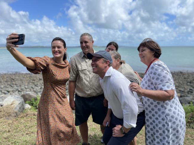 Environment Minister Leanne Linard takes a selfie with Premier Steven Miles, Mackay MP Julieanne Gilbert, and Queensland National Park Rangers in Mackay. April 4, 2024. Photo: Zoe Devenport