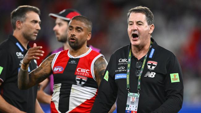 : Ross Lyon, Senior Coach of the Saints gives instructions . (Photo by Quinn Rooney/Getty Images)