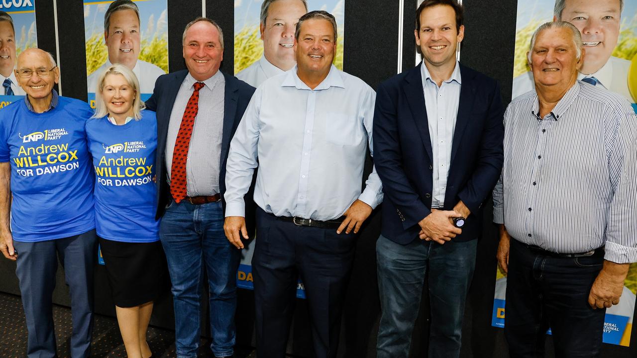 (From left to right) Former Dawson MP Ray Braithwaite, former Dawson MP De-Anne Kelly, Deputy Prime Minister Barnaby Joyce, Dawson Nationals candidate Andrew Willcox, Nationals Senator Matt Canavan and former Mirani MP Ted Malone attend the campaign launch at the Ocean International Hotel in Mackay on May 4. Picture: Contributed.