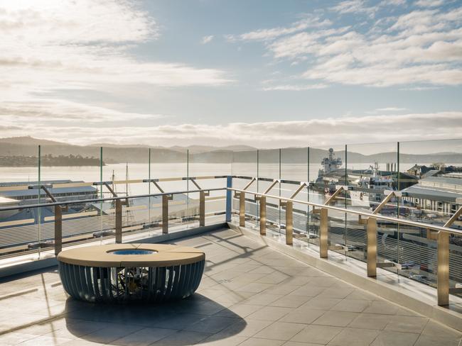 The Tasman's rooftop Aurora Terrace featuring a spectacular view of the Hobart waterfront and River Derwent. Picture: Adam Gibson