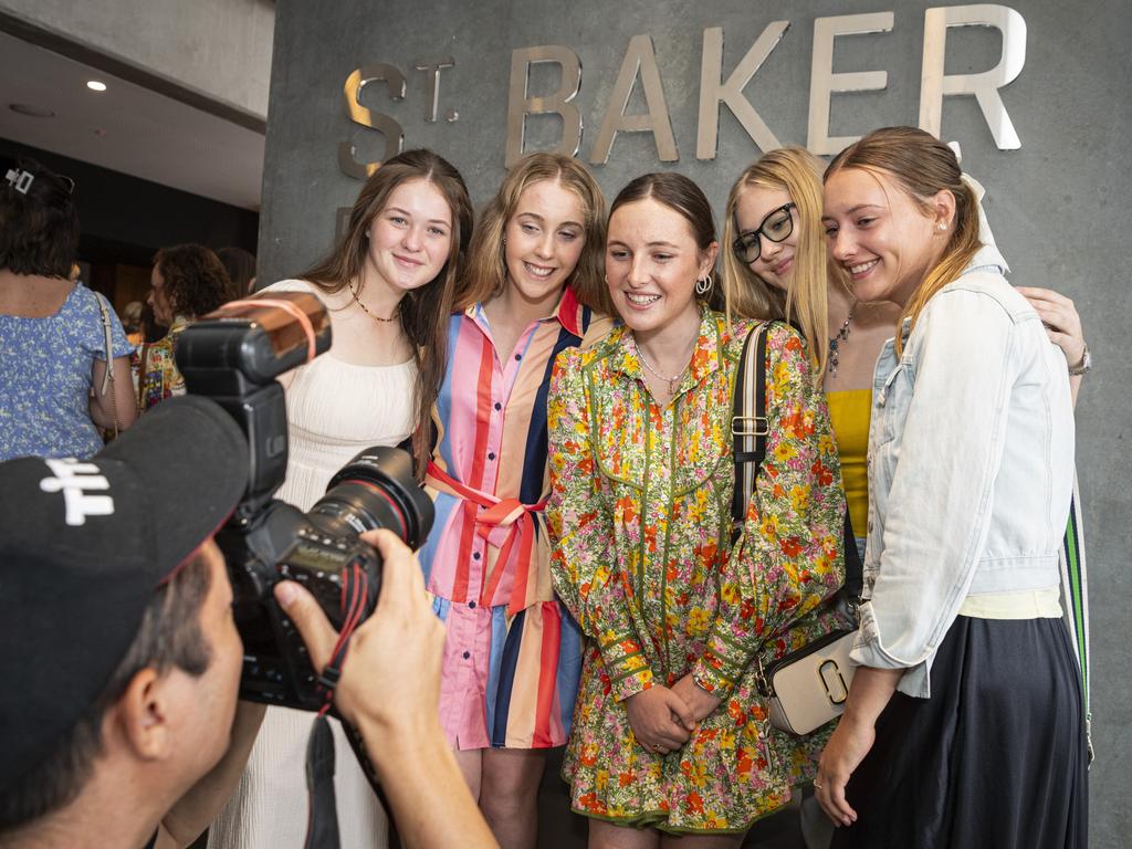 Posing for photographers are Fairholme College fashion students (from left) Kristen Hurlock, Clare Hogan, Bella Donaldson, Katie Campbell and Caroline Armstrong who had their designs featured on the Emerging Designers runway of Toowoomba Fashion Festival at The Armitage Centre, Saturday, March 16, 2024. Picture: Kevin Farmer