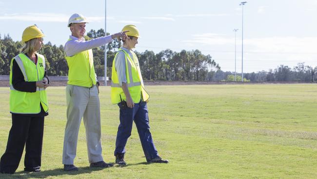 Central Coast Mayor Jane Smith, Tom Glynn, from North Construction and Building, and Kristy Martin, Project Manager, at the Tuggerah Regional Sporting Complex.