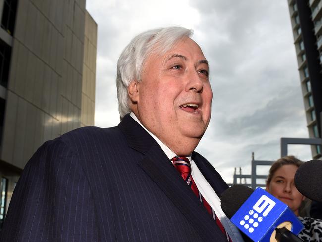 Businessman and former federal politician Clive Palmer speaks to the media as he leaves the Federal Court in Brisbane, Friday, Aug. 26, 2016. Mr Palmer took part in proceedings over the collapse of Queensland Nickel, the company behind the Yabulu Nickel refinery. (AAP Image/Dan Peled) NO ARCHIVING