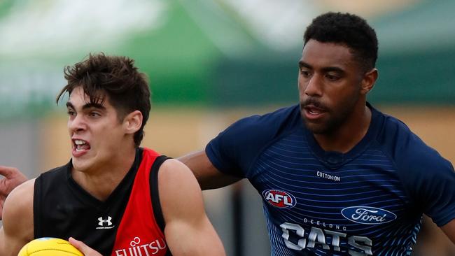 COLAC, AUSTRALIA - MARCH 09: Brandon Zerk-Thatcher of the Bombers and Esava Ratugolea of the Cats in action during the 2020 Marsh Community Series match between the Geelong Cats and the Essendon Bombers at Central Reserve on March 09, 2020 in Colac, Australia. (Photo by Michael Willson/AFL Photos via Getty Images)