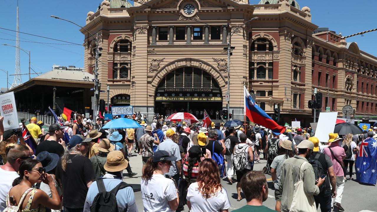 Protesters outside Melbourne’s iconic Flinders Street station. Photo: NCA NewsWire / David Crosling