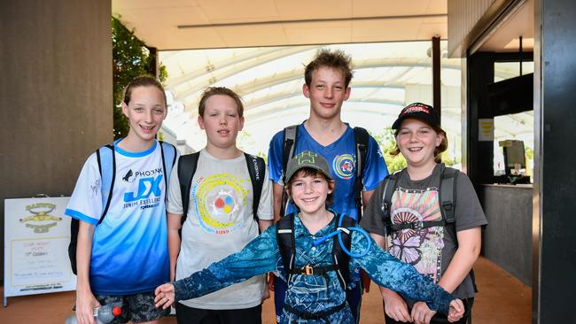 Mackenzie Zimmerle, Jayden Zimmerele, Declan Zimmerle with friends Izzy Rose and front George Rose at the 2023 Country Swimming Championships at Parap Pool, Darwin. Picture: Pema Tamang Pakhrin