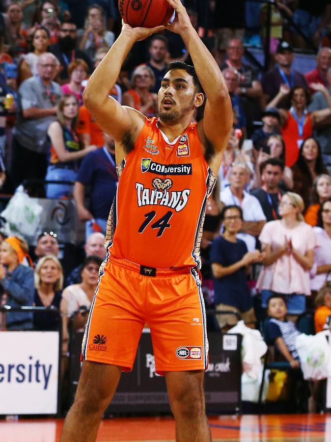 Tai Wynyard shoots the ball in the National Basketball League (NBL) match between the Cairns Taipans and the Adelaide 36ers, held at the Cairns Convention Centre. PICTURE: BRENDAN RADKE.