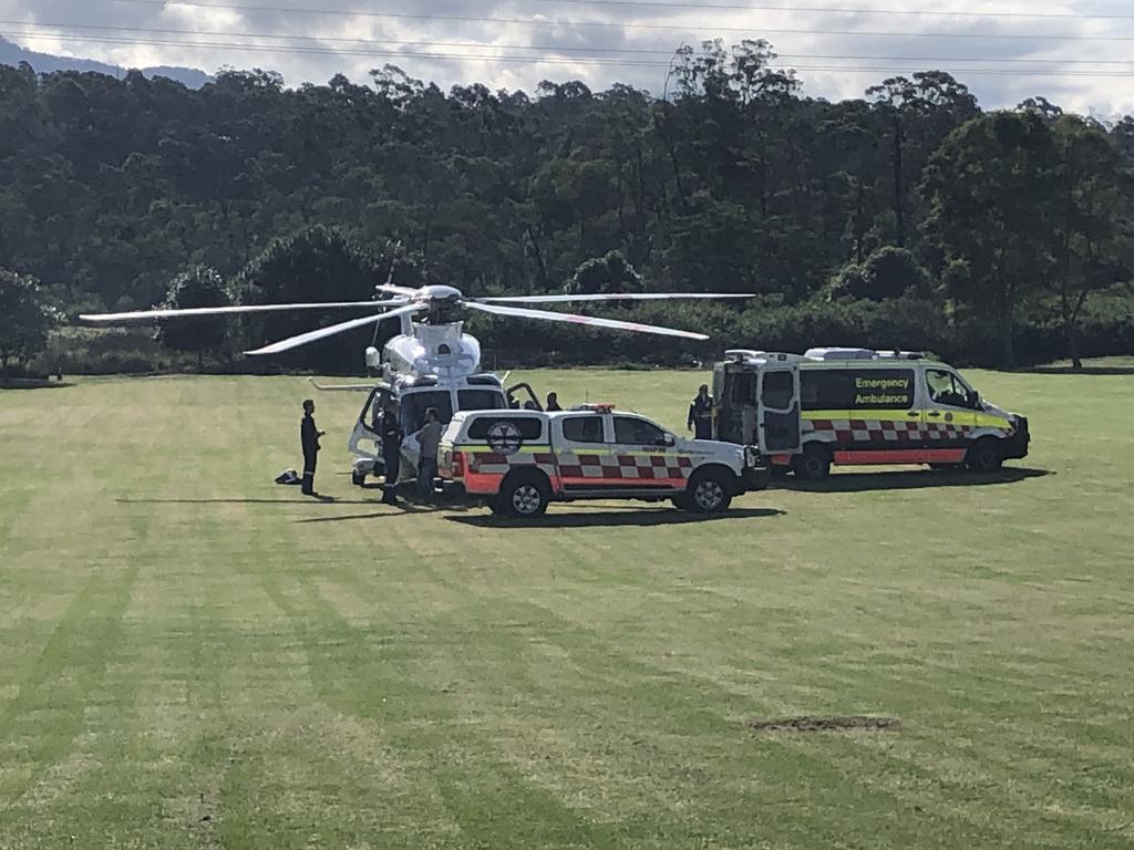 A zoo keeper is loaded from an ambulance to a helicopter after a lion attacked her at Shoalhaven Zoo. Picture: Sam Strong