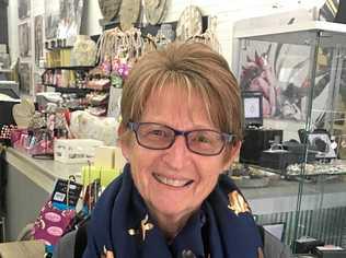 STYLISH SUPPORT: Coco and Blush Pittsworth customer Kay Morgan models a scarf designed to help the drought relief effort. Picture: Contributed