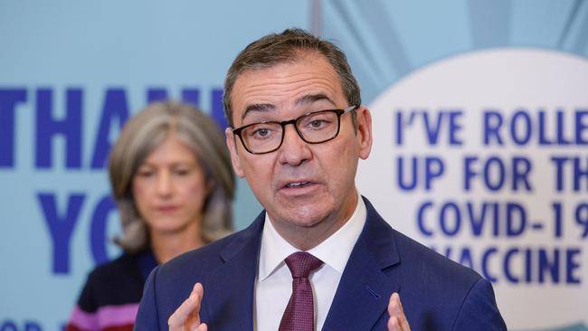 SA Premier Steven Marshall during a Covid press conference at Wayville Vaccination Clinic. Picture: NCA NewsWire / Brenton Edwards