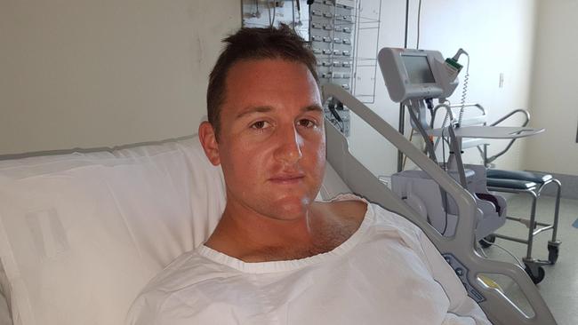 Constable Hayden Edwards pictured at Royal Prince Alfred Hospital after being stabbed at Central Railway Station.