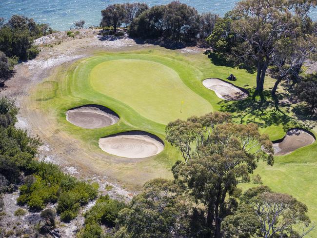 Tasmania Golf Club. Aerial images of the Cambridge and Hobart airport area. from Tasmanian Air Tours Helicopter. Picture: RICHARD JUPE file / generic / air / drone / Hobart Airport / Flights / Hobart International Airport / Barilla Bay Oysters / Oyster Farm Tasmania / Observatory Richmond / Sorell / Causeway / midway point / Tasman Highway / Orielton Lagoon / Pitt Water Reserve