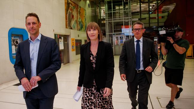 NSW Transport Minister Jo Haylen with Transport Secretary Josh Murray and Sydney Trains chief executive Matt Longland. Picture: NewsWire / Nikki Short