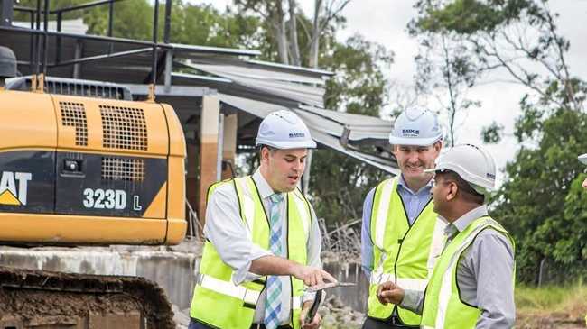 Police Minister Mark Ryan with Badge Sunshine Coast manager Andrew Lanskey and construction manager Mahesh Ghodke on site at Caboolture. Picture: Yvonne Packbier