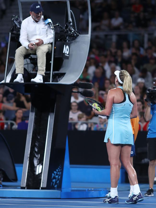 CoCo Vandeweghe speaks to the umpire during her first-round defeat. Picture: Getty