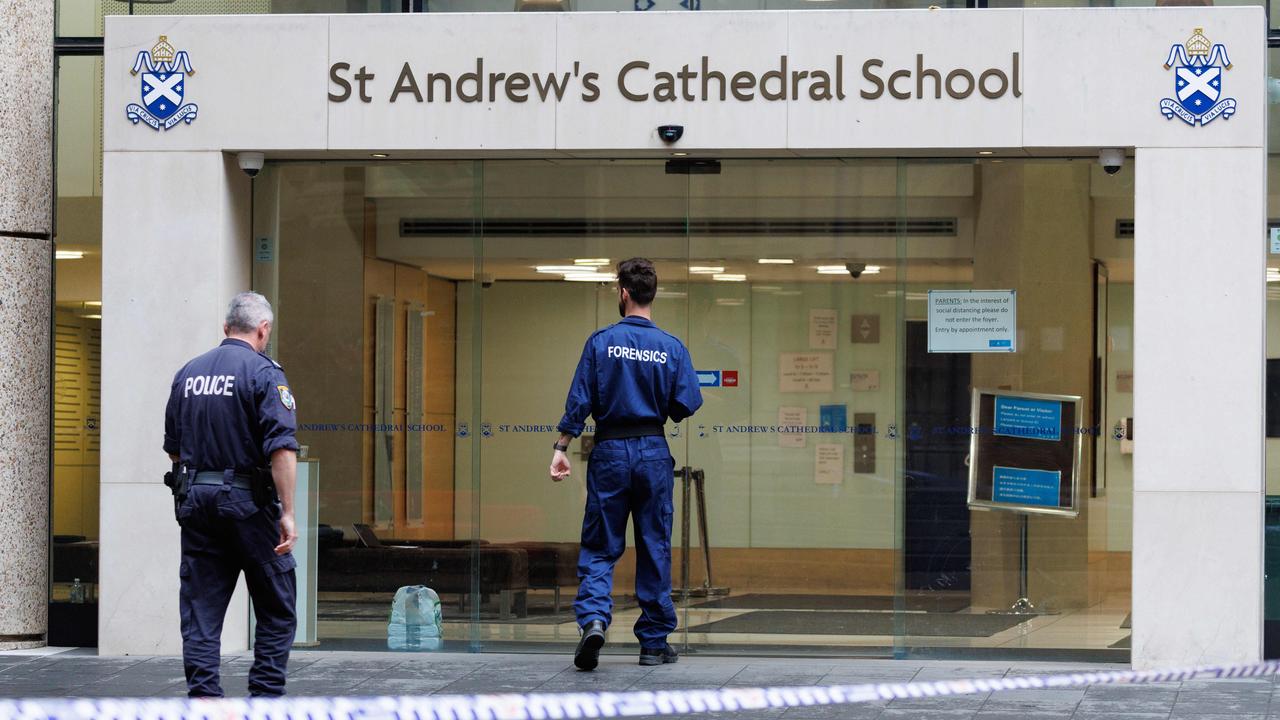 Forensic officers at the St Andrew’s Cathedral School crime scene on Thursday. Picture: NCA NewsWire / David Swift