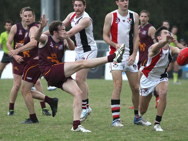 Round 5 of the QAFL Australian rules competition. Palm Beach Currumbin v Morningside at Salk Oval. PBC Player No23 Jed Harrison. Morningside Player No .Pic Mike Batterham