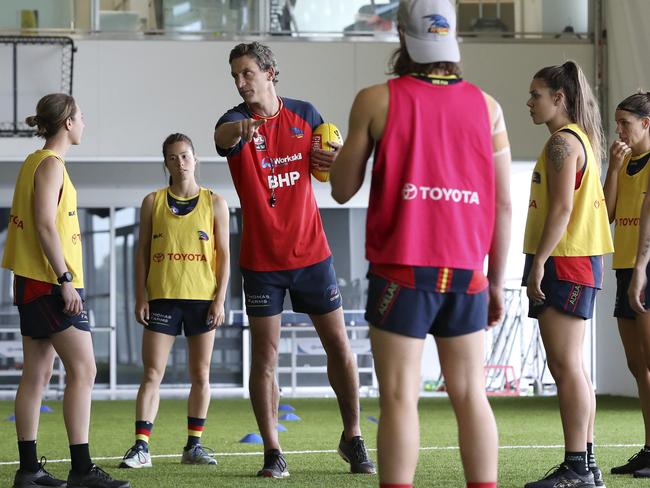 Crows AFLW coach Matthew Clarke explains a set play at the club’s indoor training facility prior to the Christmas break. Training resumes on January 3, 2019. Picture: Sarah Reed