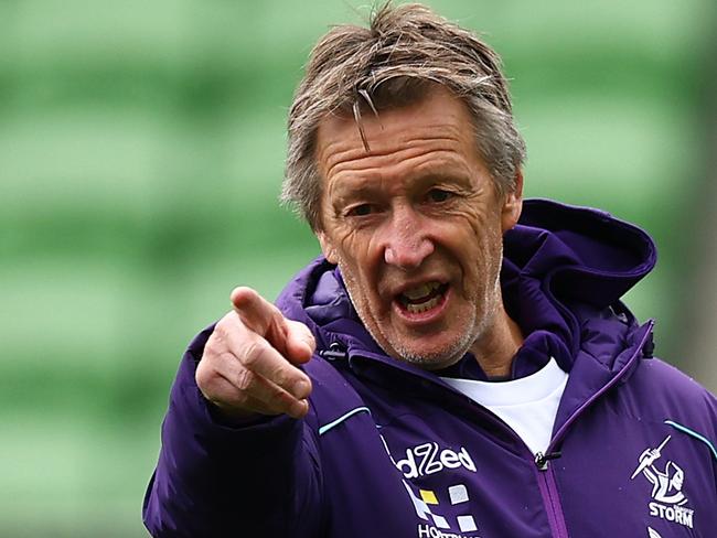 MELBOURNE, AUSTRALIA - AUGUST 23: Storm Coach Craig Bellamy gives instructions during a Melbourne Storm NRL media opportunity at AAMI Park on August 23, 2022 in Melbourne, Australia. (Photo by Graham Denholm/Getty Images)
