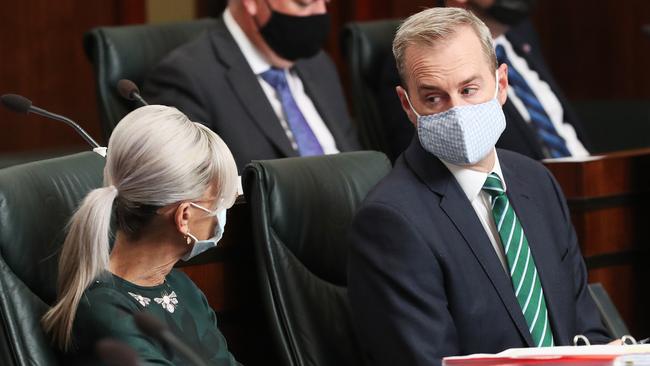 Minister Elise Archer with Minister Michael Ferguson. Parliament question time. Picture: Nikki Davis-Jones