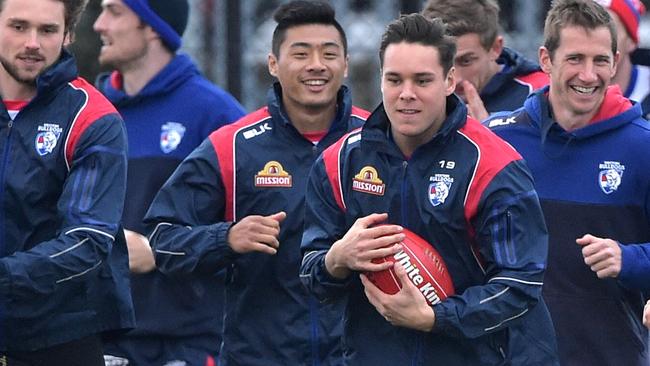 Lin Jong pictured training with the Western Bulldogs today. Picture: Jay Town