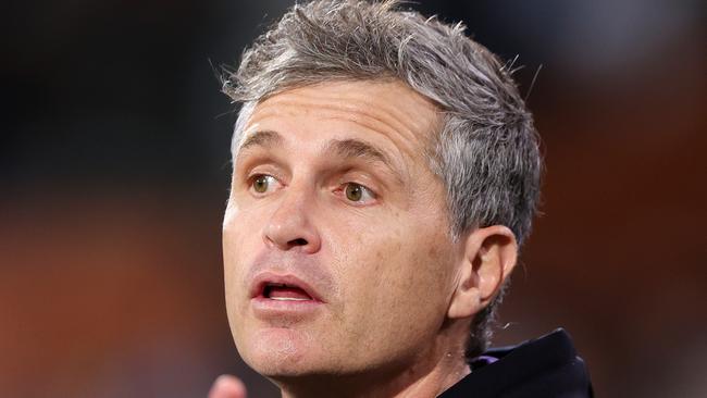 ADELAIDE, AUSTRALIA - APRIL 13: Justin Longmuir, Senior Coach of the Dockers during the 2024 AFL Round 05 match between the Port Adelaide Power and the Fremantle Dockers at Adelaide Oval on April 13, 2024 in Adelaide, Australia. (Photo by Sarah Reed/AFL Photos via Getty Images)