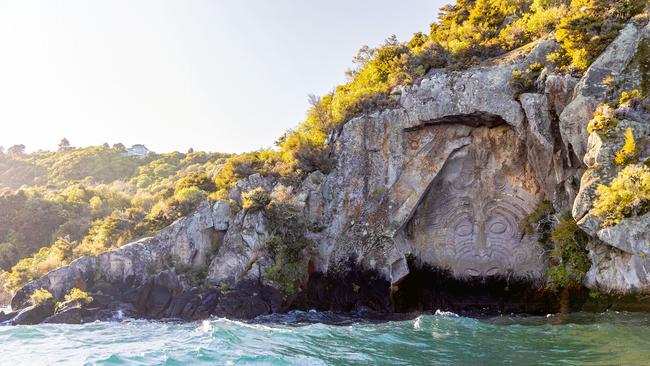 The rock carving on Lake Taupō by artist Matahi Brightwell. Photography by Camilla Rutherford.