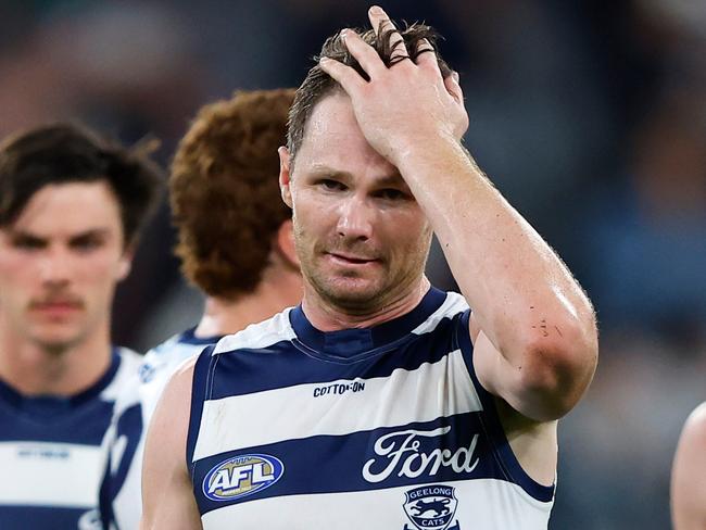 MELBOURNE, AUSTRALIA - MARCH 23: Patrick Dangerfield of the Cats looks dejected after a loss during the 2023 AFL Round 02 match between the Carlton Blues and the Geelong Cats at the Melbourne Cricket Ground on March 23, 2023 in Melbourne, Australia. (Photo by Dylan Burns/AFL Photos via Getty Images)