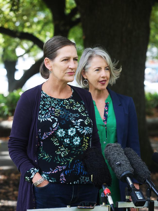 Tasmanian Greens leader Cassy O'Connor with deputy leader Rosemary Woodruff in response to the calling of the 2021 state election. Picture: Nikki Davis-Jones