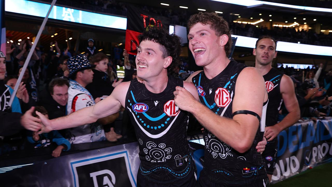 Byrne-Jones kicked two clutch goals in the final term to give the Power the most unlikeliest of victories, all amid an alleged umpiring error (Photo by Sarah Reed/AFL Photos via Getty Images)