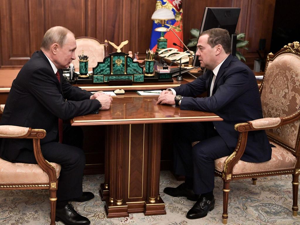 Russian President Vladimir Putin and Prime Minister Dmitry Medvedev in Moscow on January 15, 2020. Picture: Alexey Nikolsky / Sputnik / AFP.