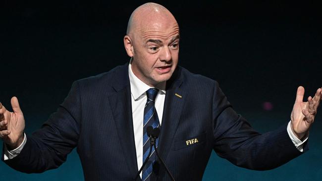 FIFA president Gianni Infantino delivers a speech during the football draw ceremony for the Australia and New Zealand 2023 FIFA Women's World Cup at the Aotea Centre in Auckland on October 22, 2022. (Photo by WILLIAM WEST / AFP)